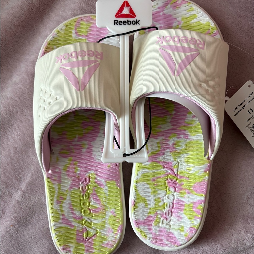 Reebok Cream and Pink Patterned Slides